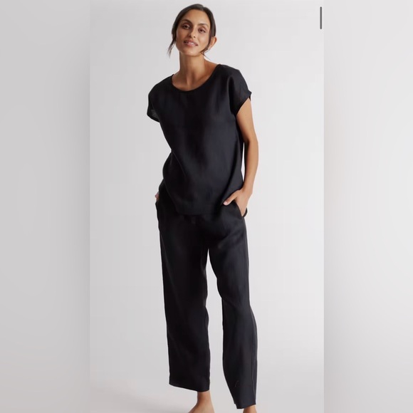 NWT Quince Womens 100% European Linen Kimono Pajama 2pc Set - Black - Small